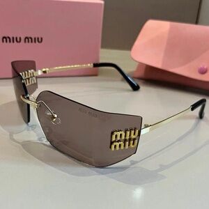 Miu Miu Brown Lens Gold-Trim Rimless Shield Sunglasses
